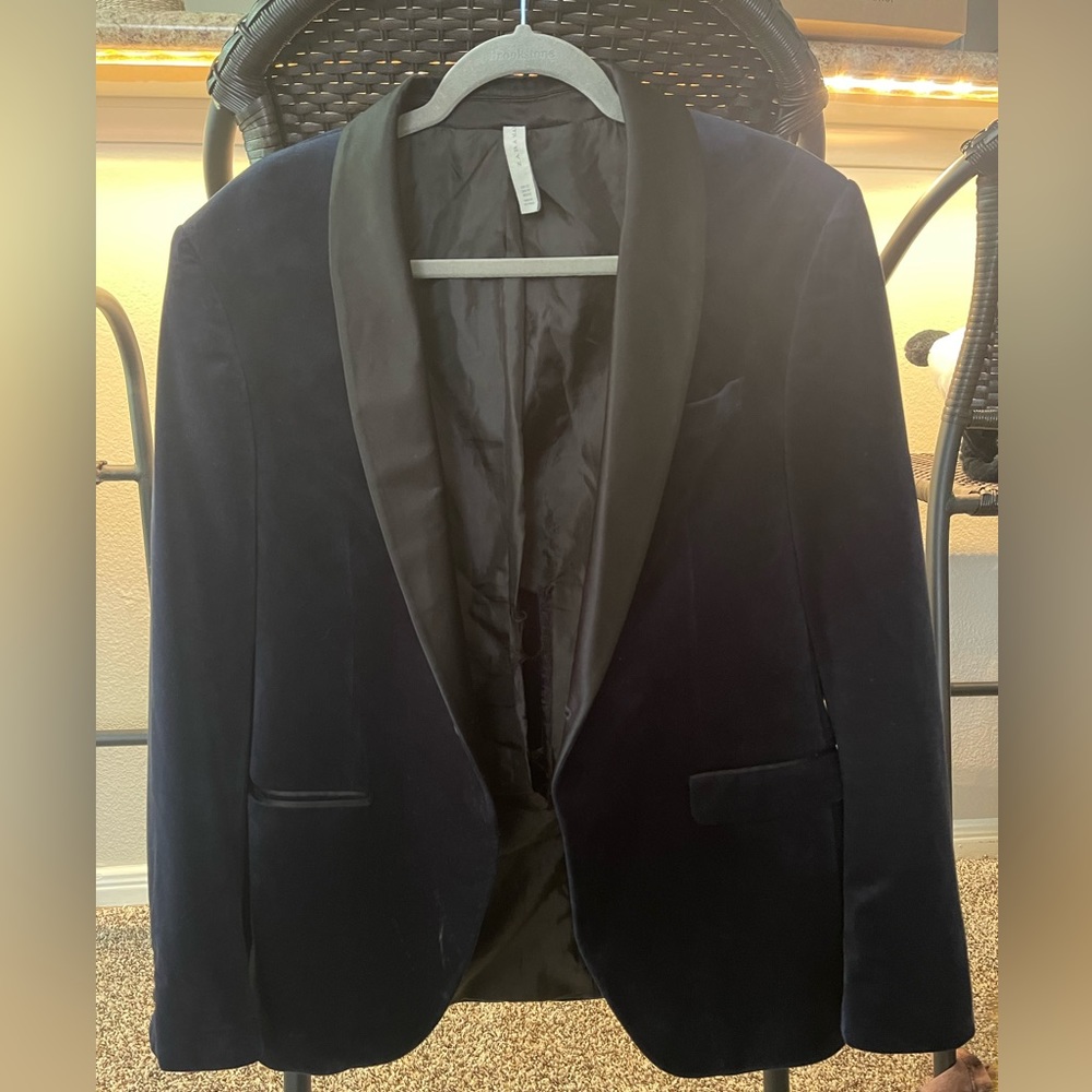 Zara Navy Velvet Blazer with Black Satin Lapel